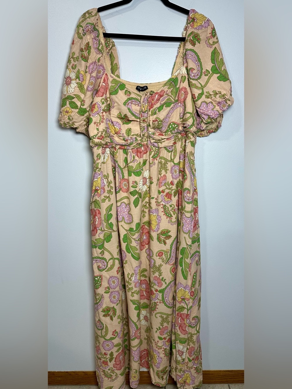 City Chic Peach Floral Paisley Puff Sleeve Maxi Dress size 18 20 linen blend